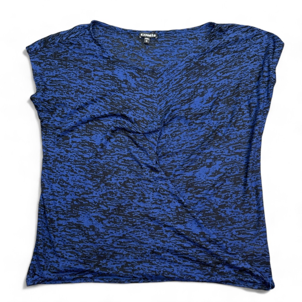 Express Blouse Top Womens Size Small Black Blue Ruffle Wrap Stretch Casual